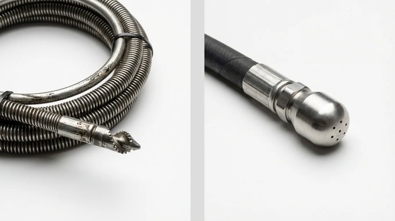 Drain snake cable and hydro jetting nozzle used for drain cleaning in Vacaville, CA