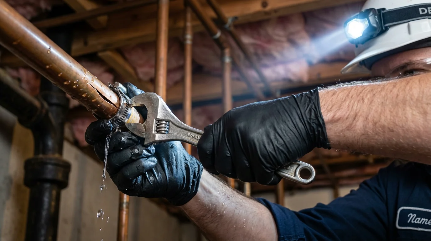 Emergency pipe clamp repair being performed by a Johns Plumbing LLC plumber in Vacaville