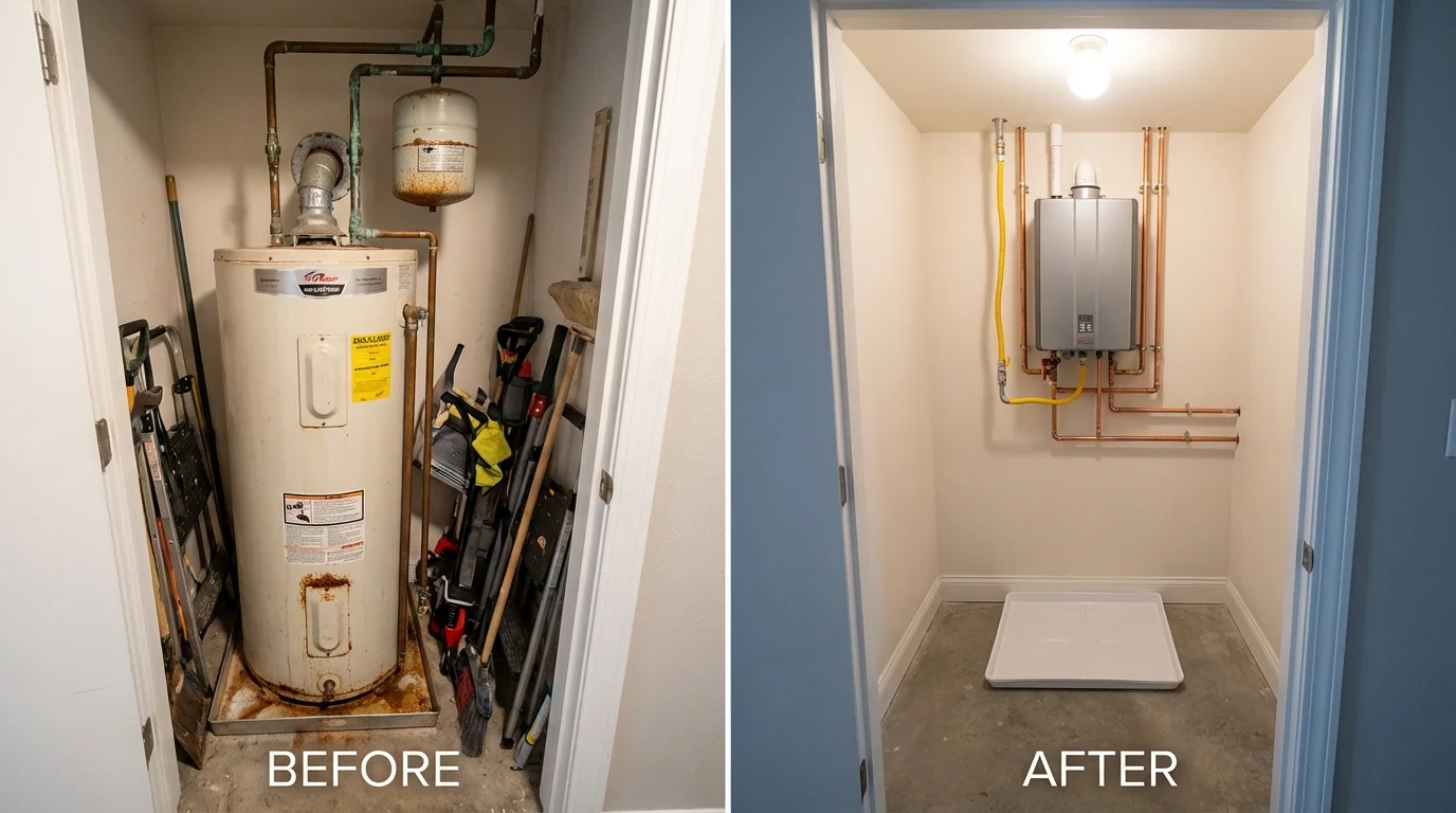 Tank water heater versus wall-mounted tankless unit comparison for Vacaville, CA homeowners