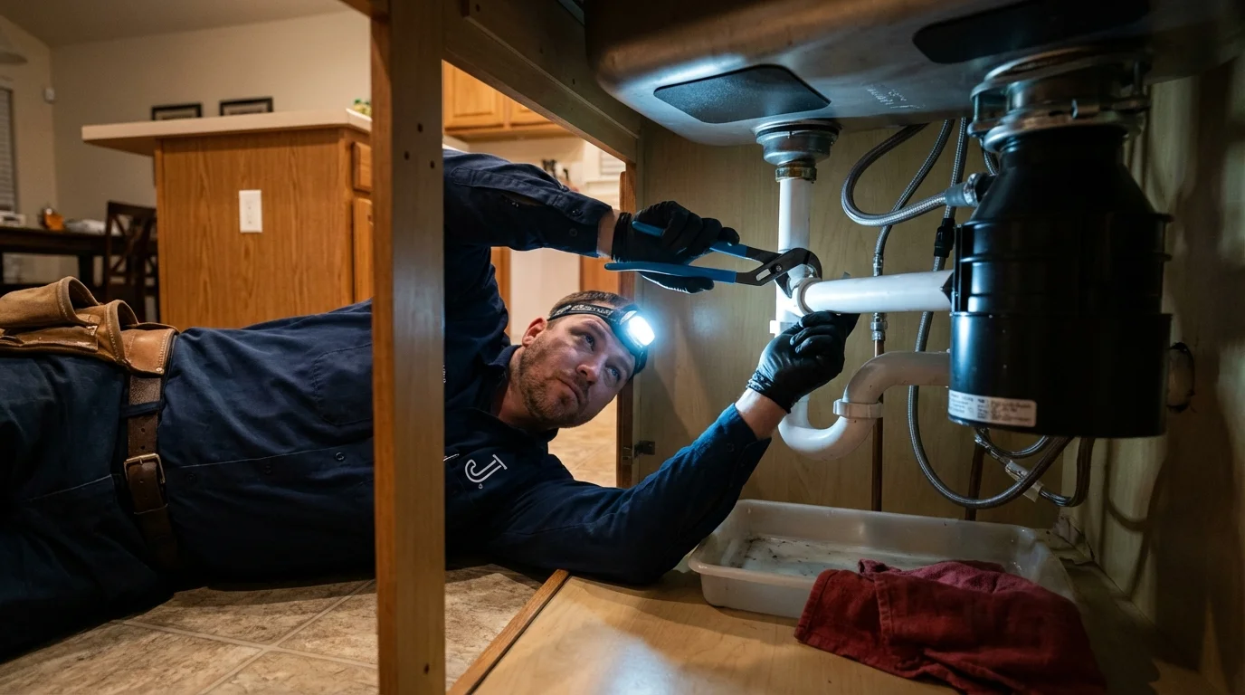 P-trap and supply line connections under a kitchen sink showing a common leak point in Vacaville, CA